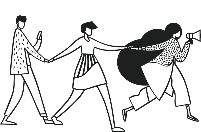 Three figures walking together